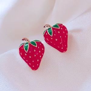 Small Enamel Strawberry Stud Earrings Silver Post 18K Gold Plated Studs